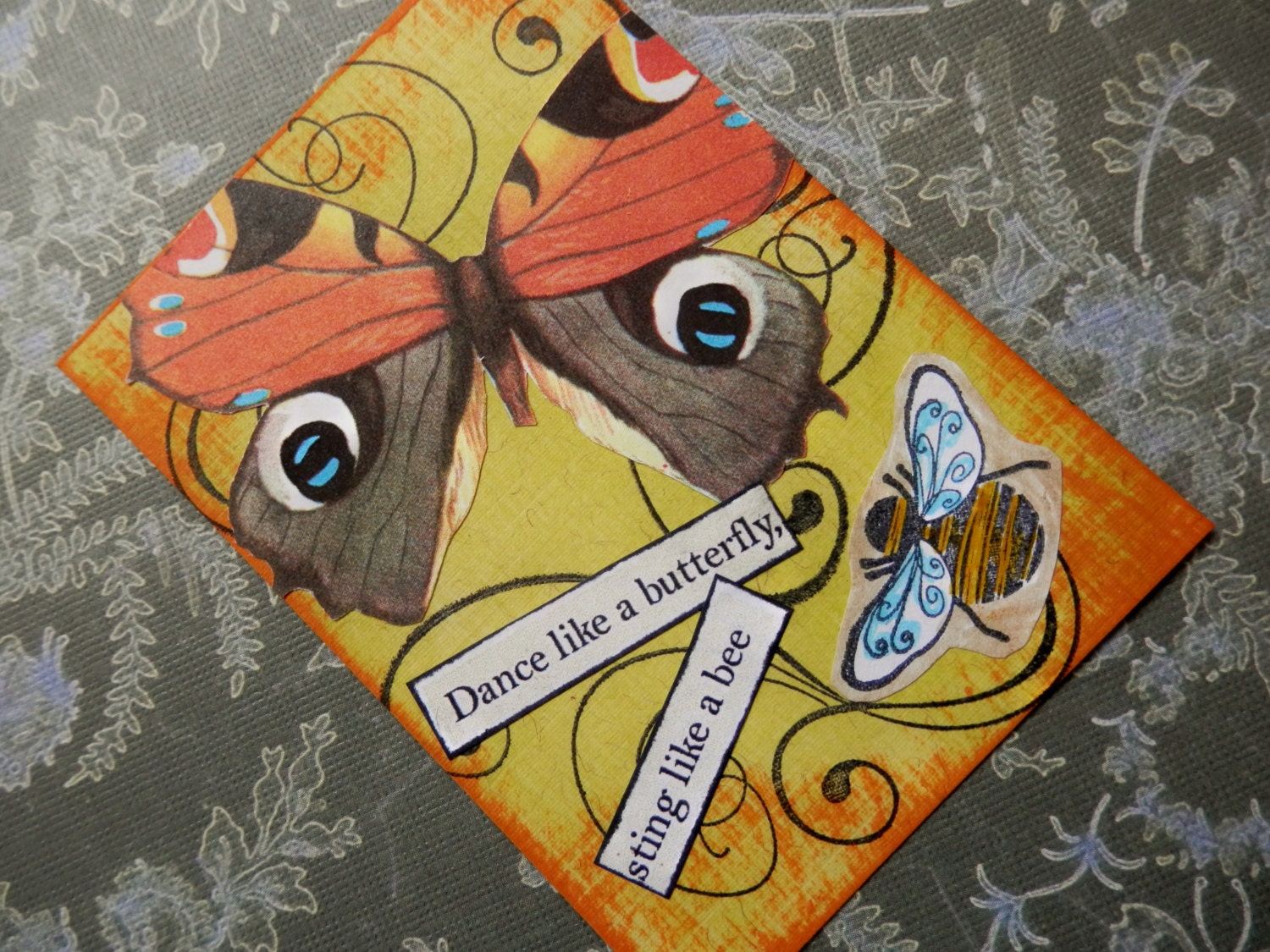 OOAK ACEO ATC collage and ink "Dance Like a Butterfly, Sting Like a Bee"