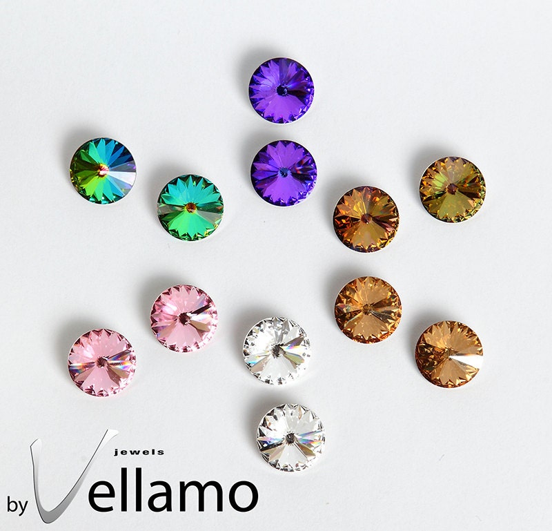 Sterling silver earrings with Swarovski crystals, large, 14mm, choose your color, Vitrail rainbow color, purple haze