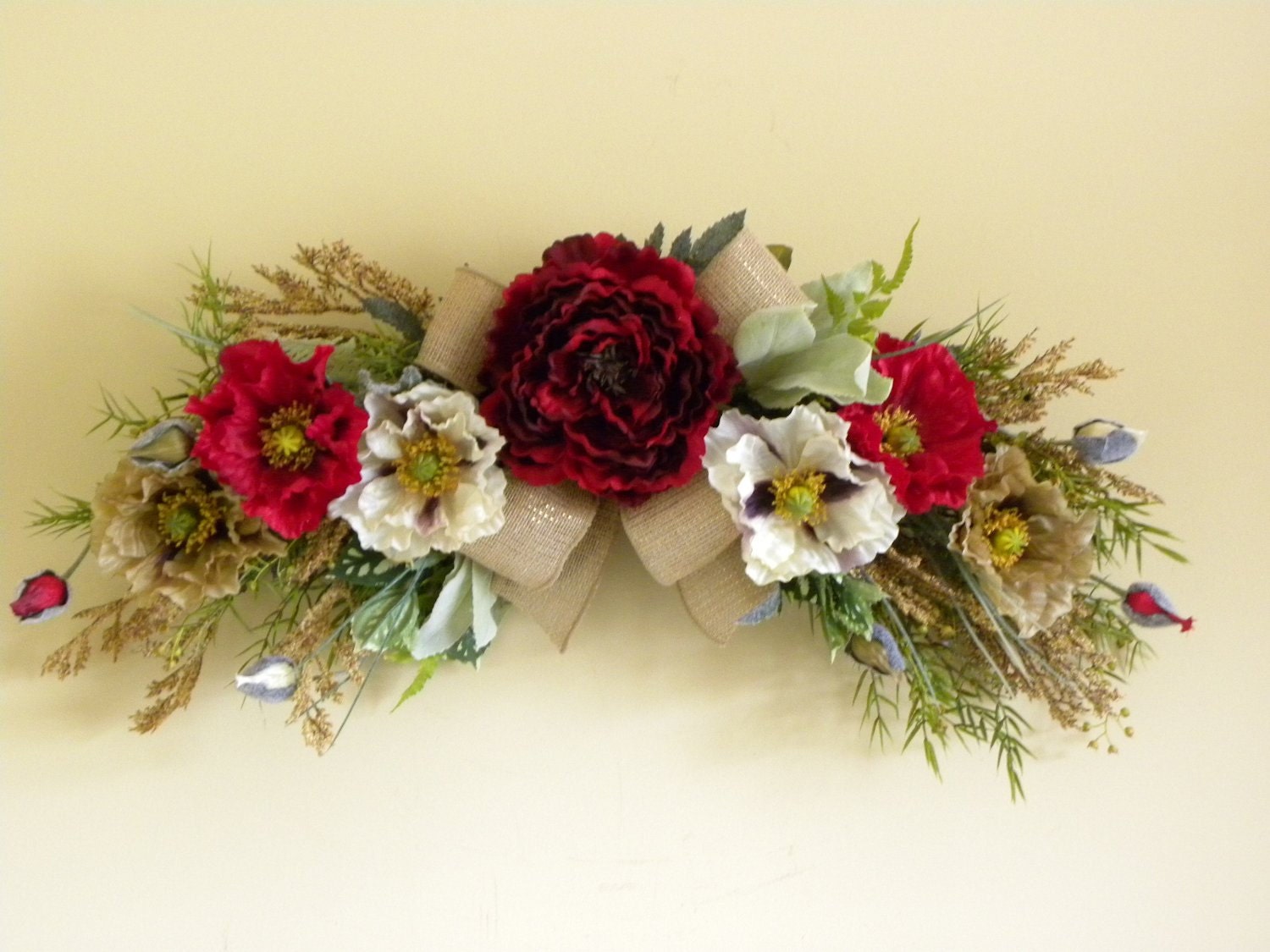 Peony Poppy Flower Swag Arrangement Burgundy Ivory Tan Home Decor