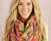 Infinity Loop Scarf - Taupe, Pink, and Green Abstract Spotted Floral Infinity Scarf -"You Dot It" Scarf (SCF-129)