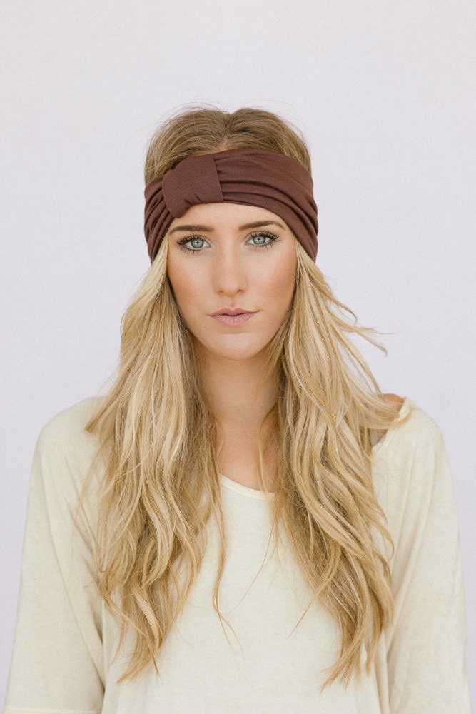 Mocha Turband Headband - Sparrow Headband in Brown Stretchy Jersey Hair Band Ruched with Fabric Wrap