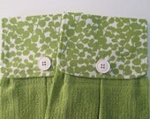 Hanging Kitchen Towel Set- Modern Green White Leaf Print Cotton Fabric With Green Terry Cloth Towel Button Closure