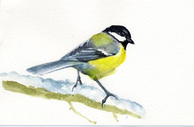 CHICKADEE Bird Painting, Watercolor original illustration, winter, snow, blue, grey, yellow, mustard art, home decor gift