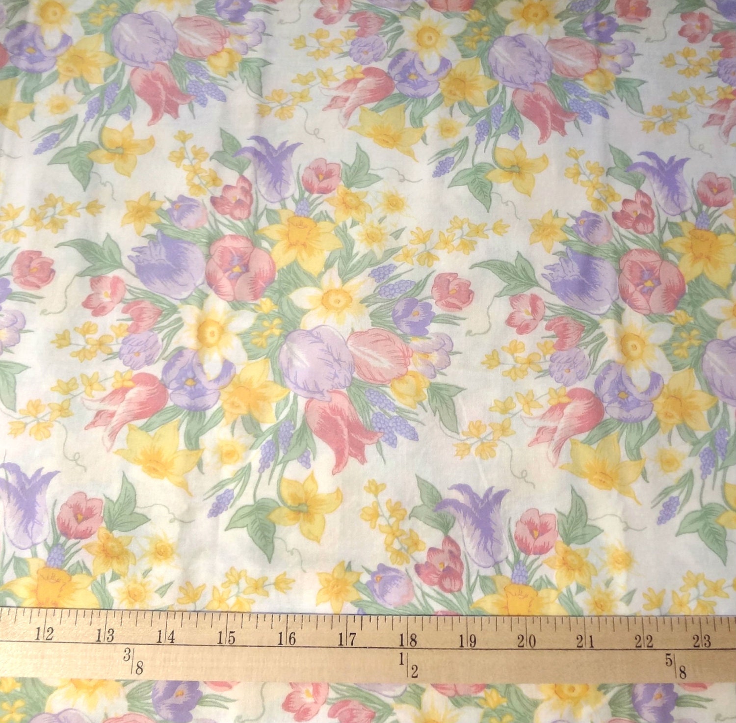 Vintage Retro Cotton Floral Fabric Bouquet Yellow, Pink, Violet 44" x 1 yard