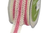 1 YD Pink Velvet Ribbon With Crocheted Trim 1 inch diameter Scrapbook Card Making Crafting