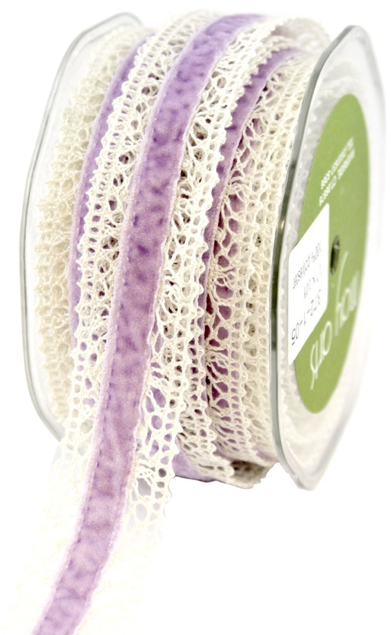 1 YD Lavender Velvet Ribbon With Crocheted Trim 1 inch diameter Scrapbook Card Making Crafting
