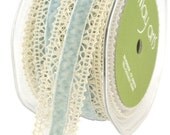 1 YD Light Blue Velvet Ribbon With Crocheted Trim 1 inch diameter Scrapbook Card Making Crafting