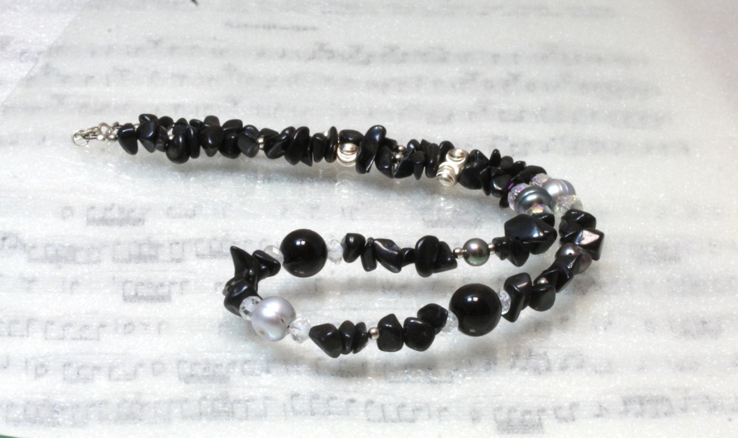 Elegant onyx, quartz & silver necklace