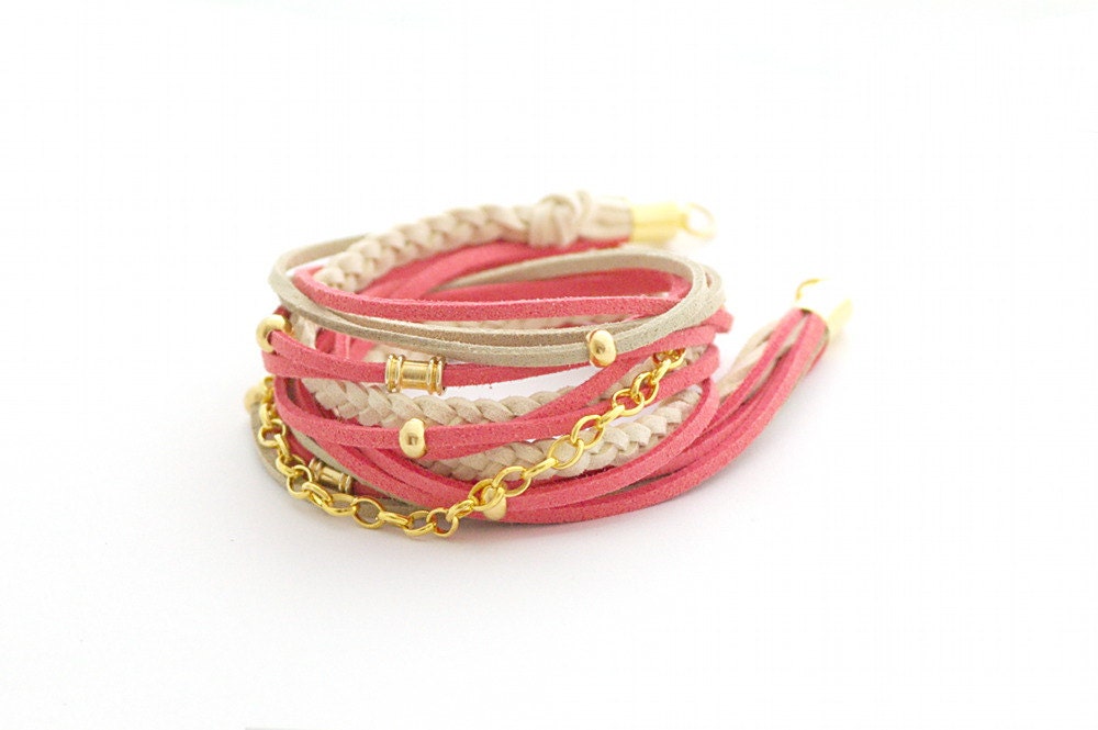 Coral Beige Wrap Bracelet, Leather wrap, Boho bracelet, suede, double wrap, boho chic - cardioceras