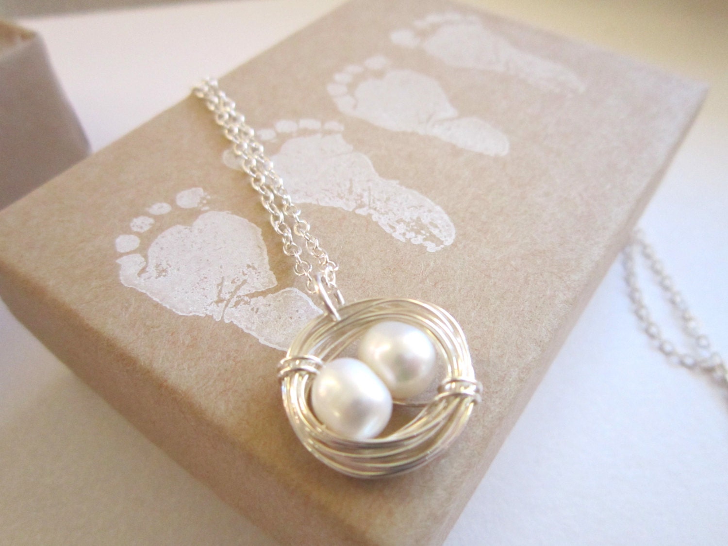 Sterling Silver Bird's Nest Necklace with Freshwater Pearl, Mother to Be, Twins Baby Shower Gift