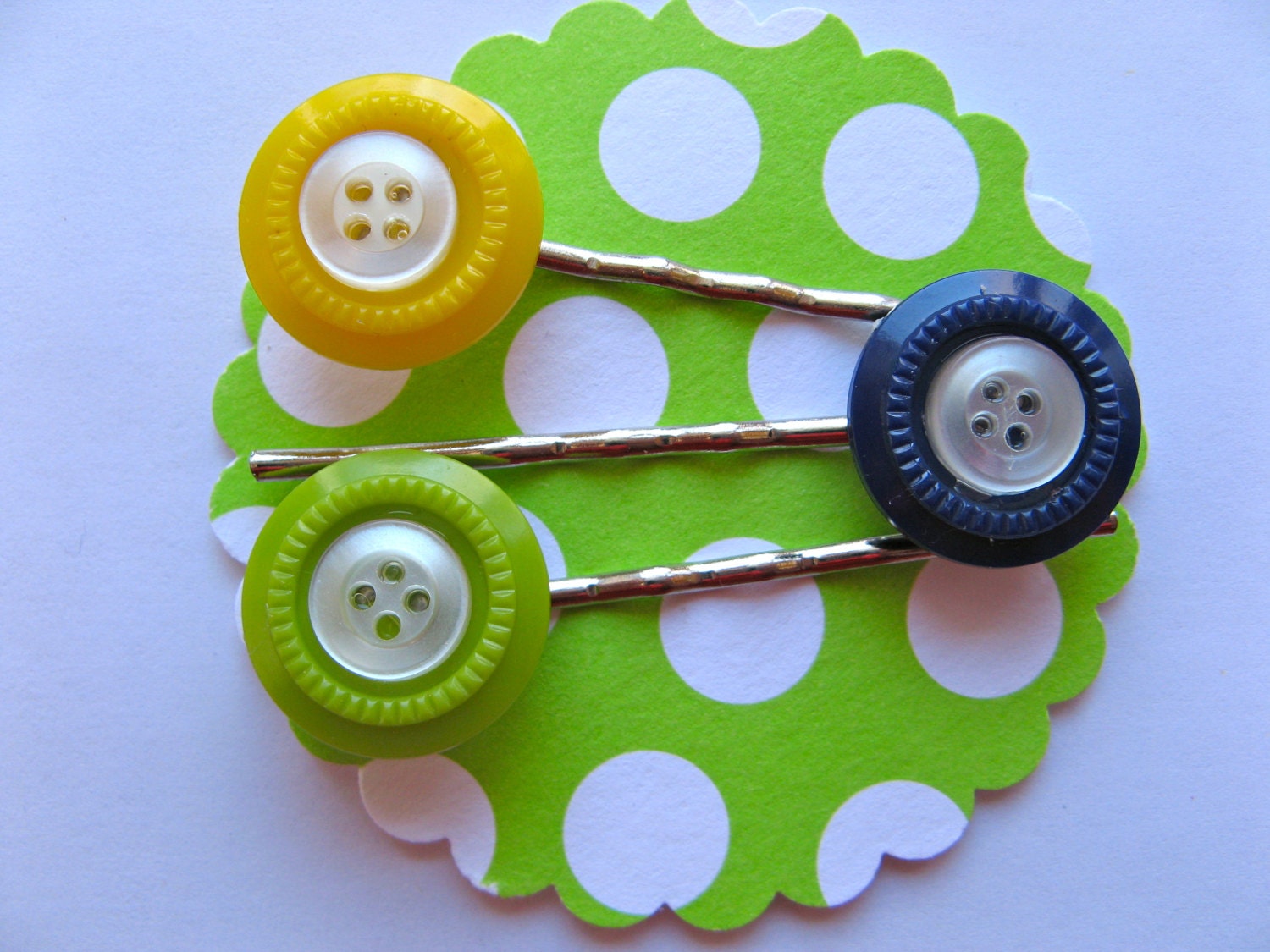 Vintage Button Bobby Pins - Navy Blue, Green and Yellow with Vintage White Button Centers-  Silver Tone Bobby Pins - Set of 3