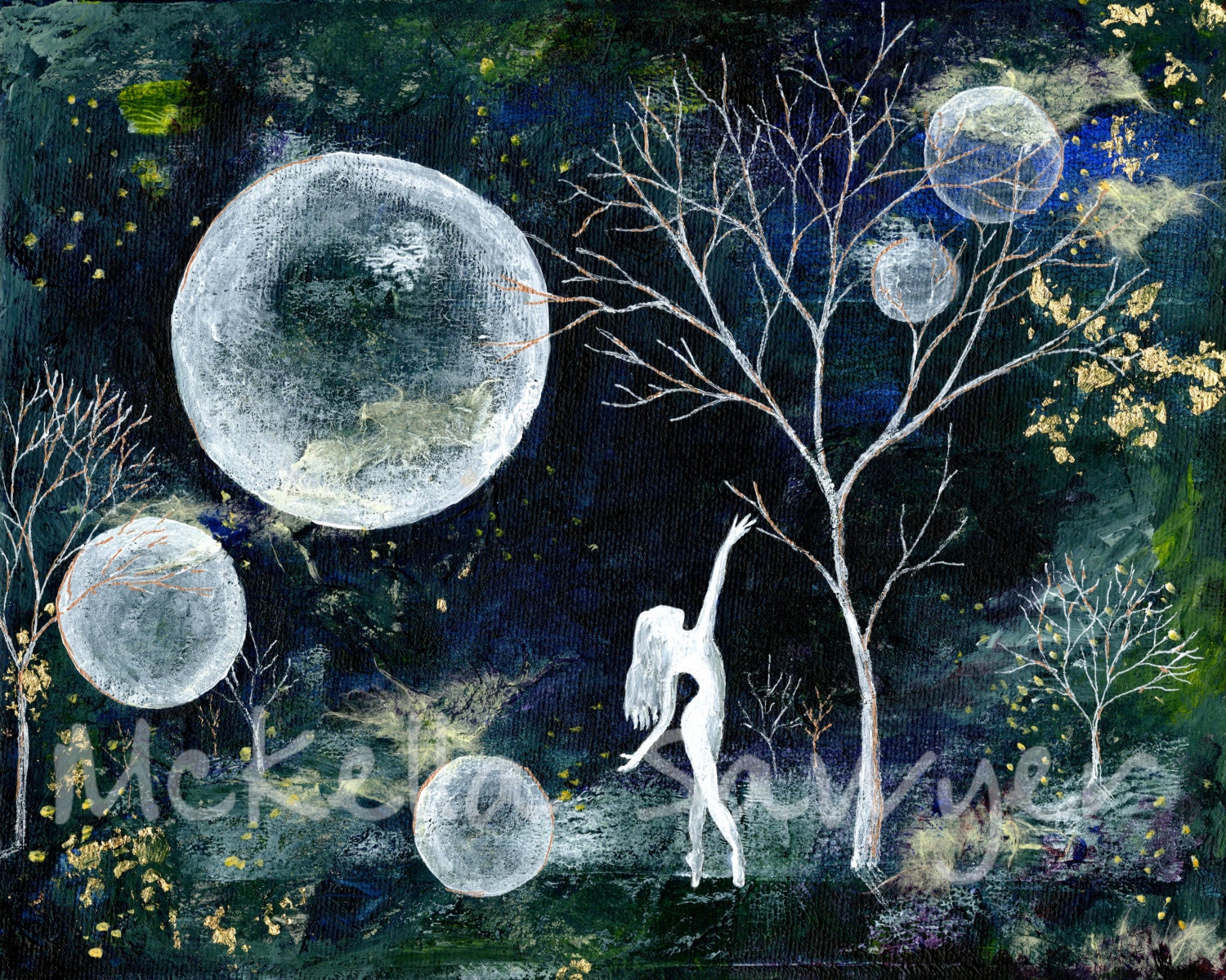 8"x10x.5" Blue Fireflies Mixed Media Painting on Canvas-white dancer-white trees