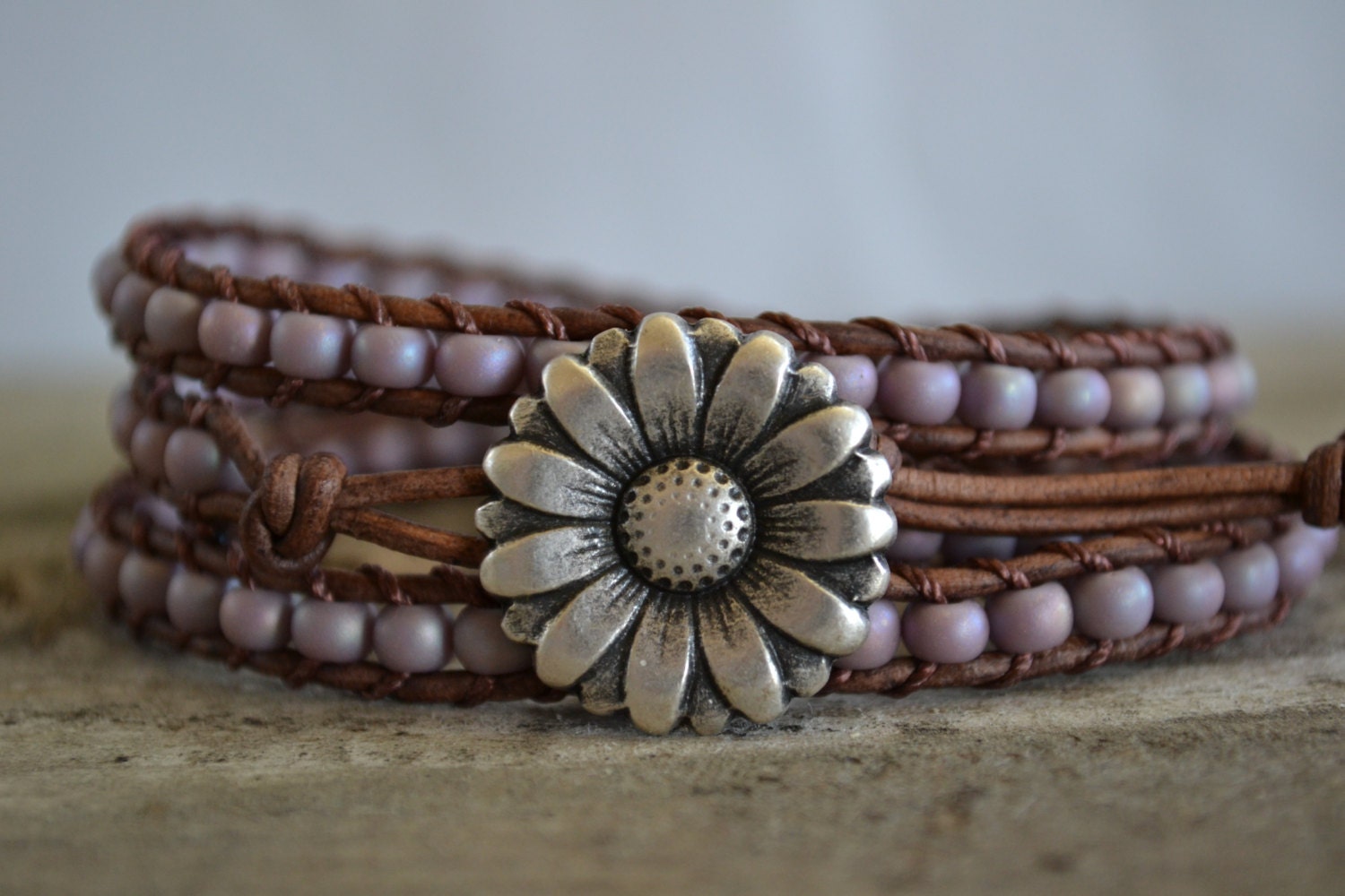 Purple beaded, Brown leather triple wrap bracelet, Rustic Country, Gypsy,  Boho chic, bohemian, Chan Luu style