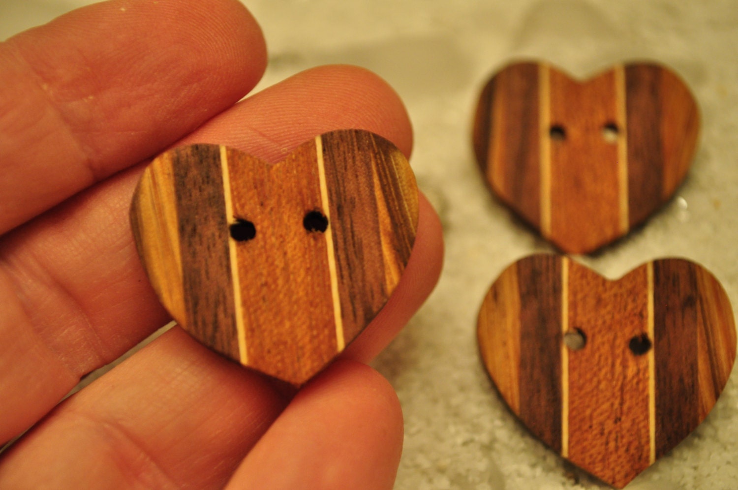 Wooden Buttons - Handmade  Heart shaped multilayered African Zebra Wood,  Mahogany, Maple, Black Walnut  (1.50 each button)