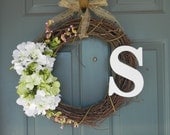 Monogram Hydrangea Wreath on Grapevine (choose your color scheme) - Hand Painted Crackle or Distressed - Mothers Day Gift