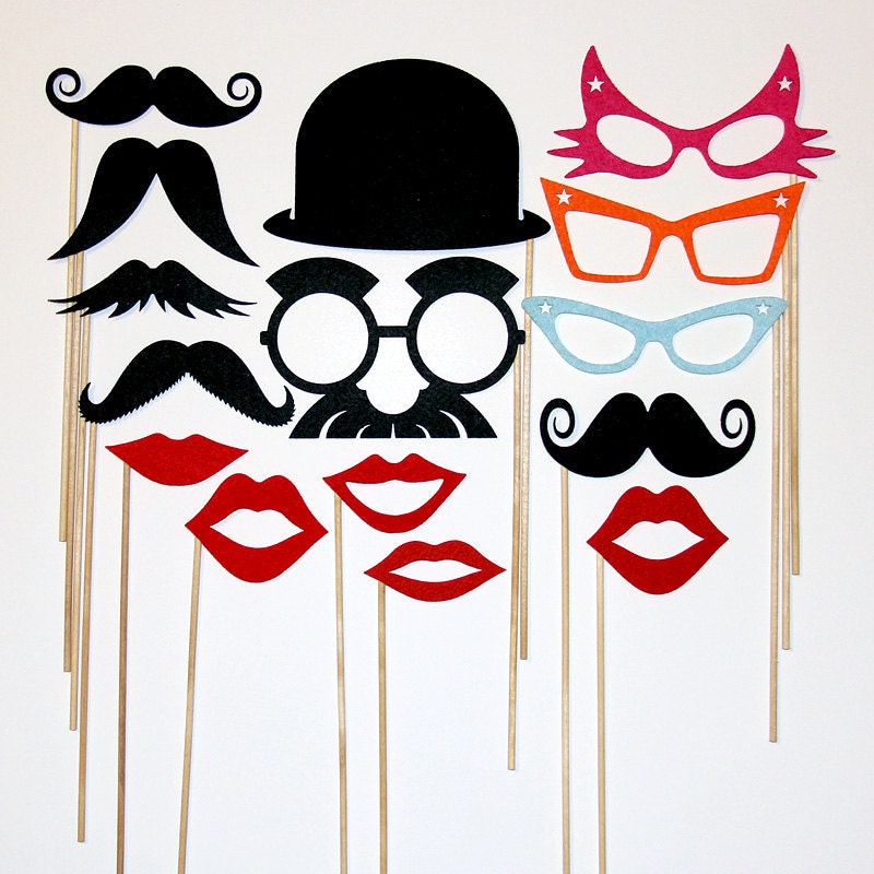 Photo Booth Party Props Mustache On A Stick  Fun Weddings, Birthdays -  Photography Prop Mask -Lips, Derby Hat And Retro Colored Eye Glasses