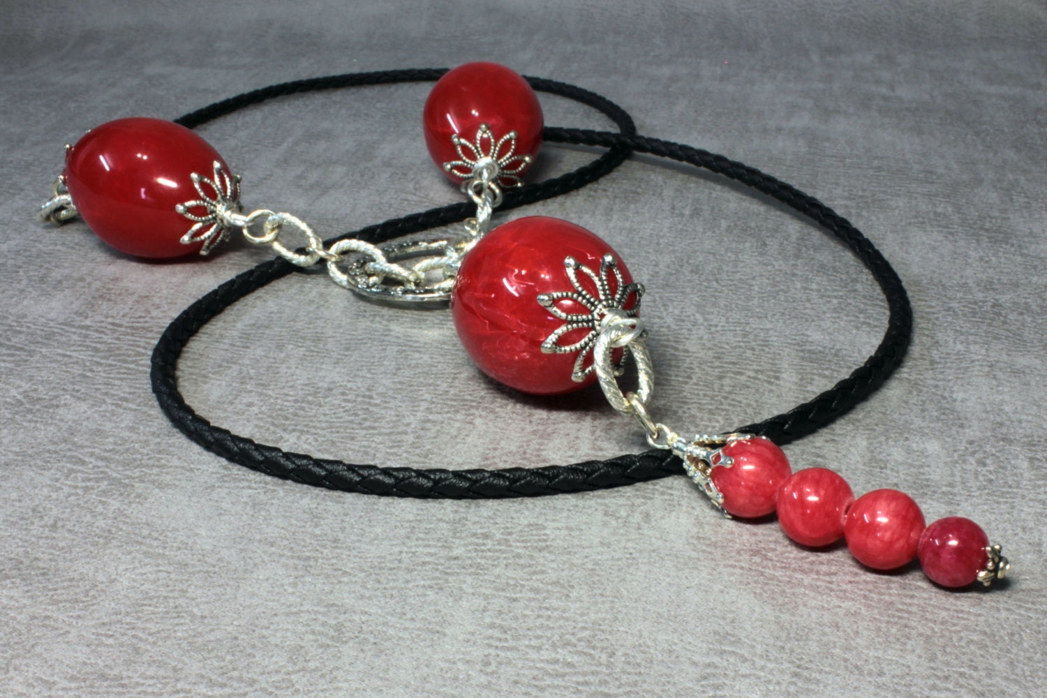 Red Resin, Braided Leather Cord, Silver plated, Original Long Necklace