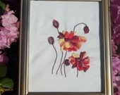 Framed Hand Embroidered Poppies-Purple, Orange, Pink, Yellow Embroidery, One of a Kind Wall Art