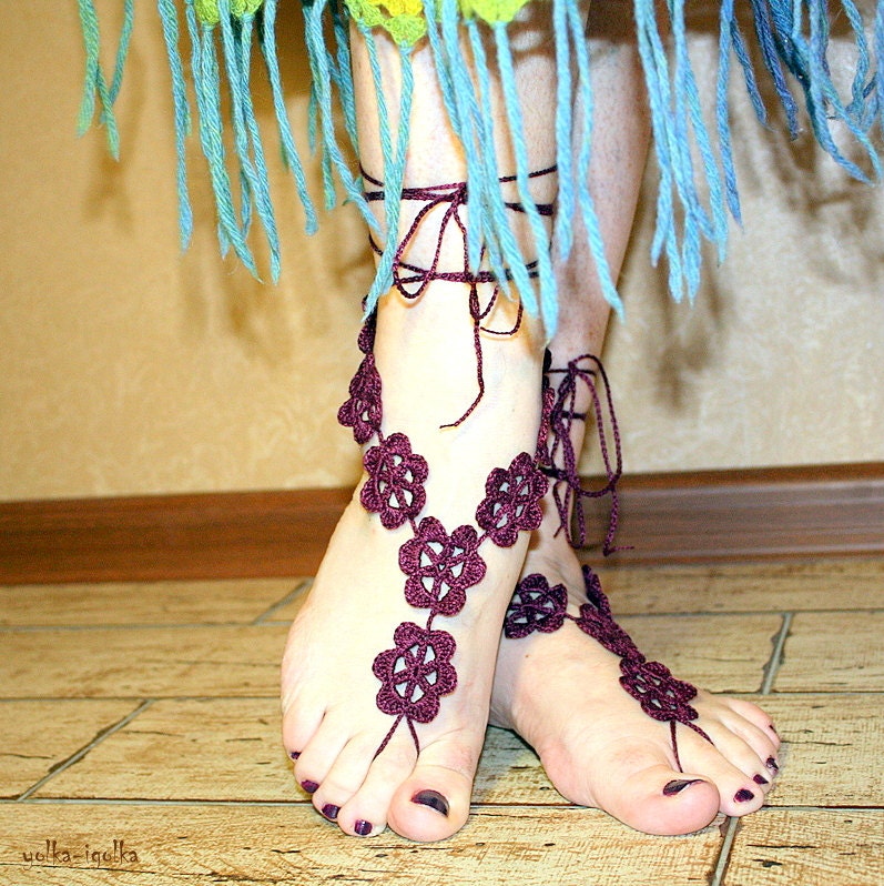 Decorating for the feet. Barefoot sandals. Crochet. Anklet. For the home, the beach, yoga, summer.