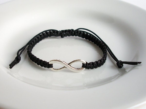Custom Color Silver Infinity Charm Bracelet, Love Karma Adjustable Square Knot Friendship Macrame Bracelet