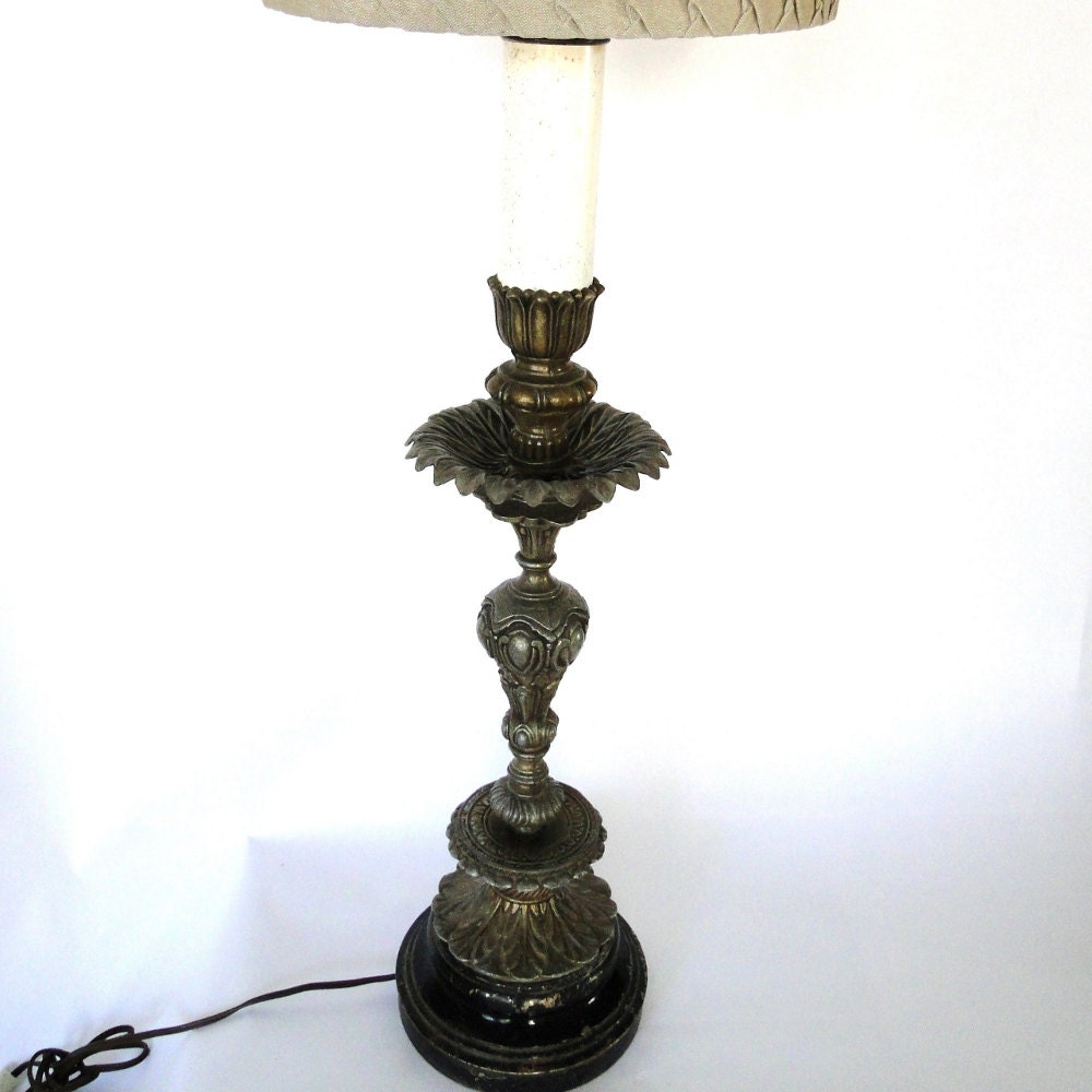 Vintage Lamp Shabby Chic Metallic Cast Iron Aged Patina Intricate Carved Palm Frond Inspired Lighting Bohemian Lighting Eclectic Home Decor