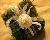 Wedding Ring Pillow with Moss, Burlap, Lace and Sola Flower