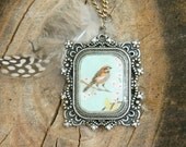 Engraved Medium  Pendant Necklace  Hand painted  Bird  Original Natural History natural feather