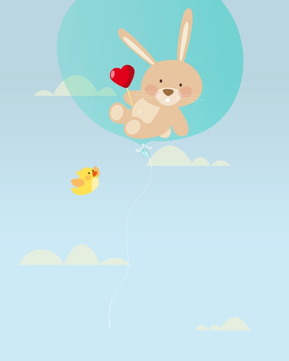 Art print set, 11x14. A little bunny, a kitten and a teddy bear flying with balloons on a light blue background.