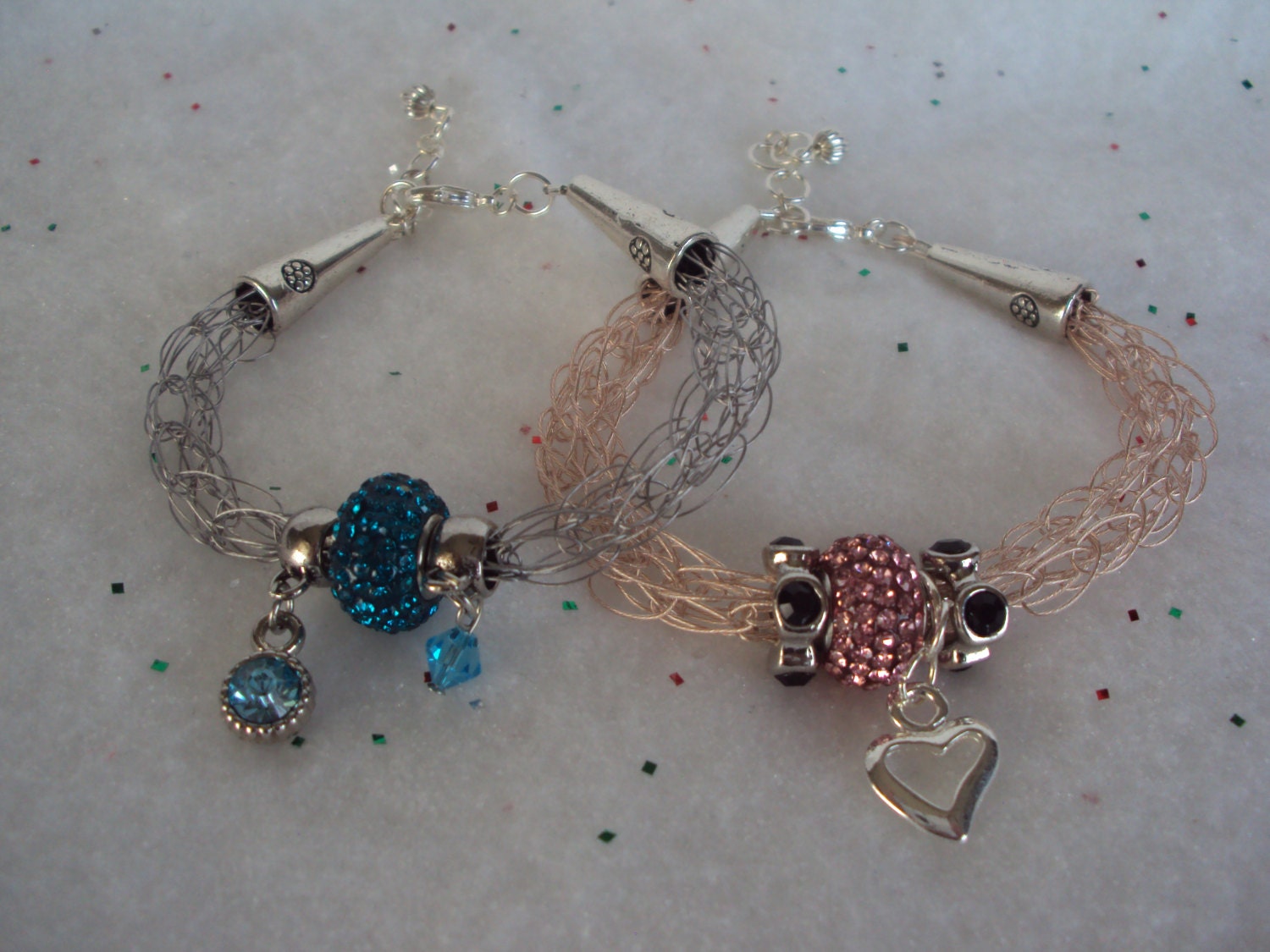 French Knitted Bracelet.Birthday Bracelet.Birthday Stone.Heart Charms.Handmade Bracelet.