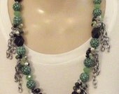 Green Czech, Faceted Crystal, Black Onyx, Black Nugget , Silver Plate Chain, Clusters of Crystals, Necklace