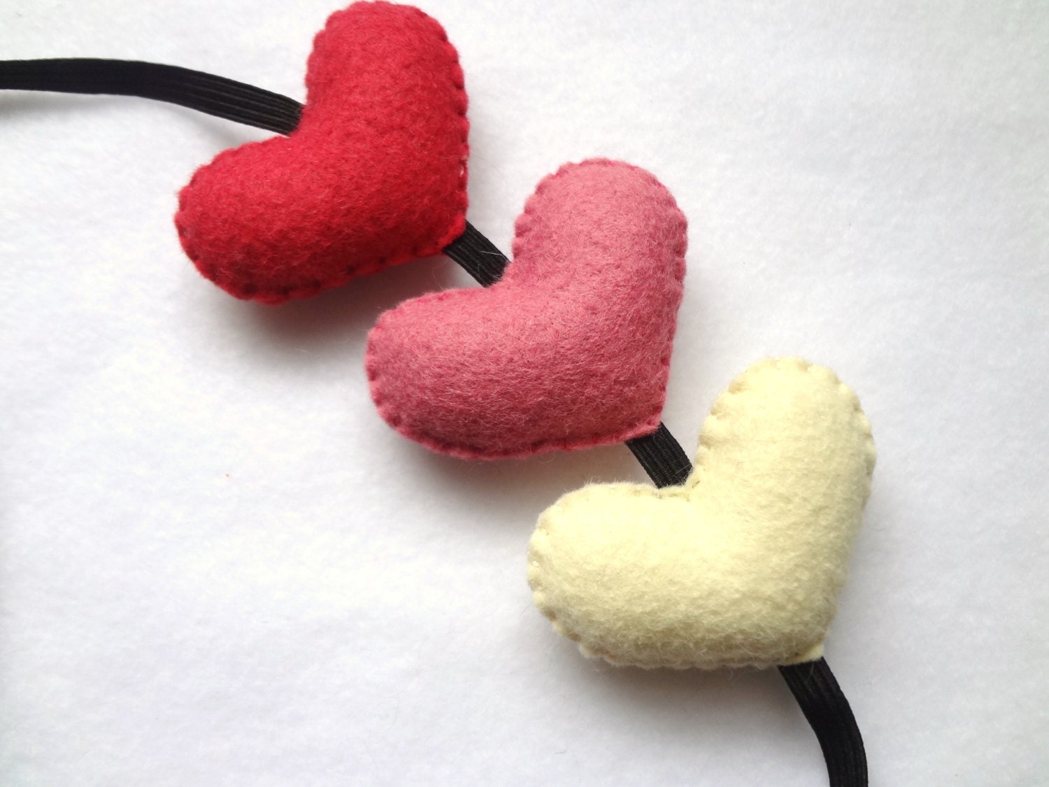 Heart, heart, heart -three felt heart stretchy headband for adults- red, pink, cream- perfect for Valentine's Day