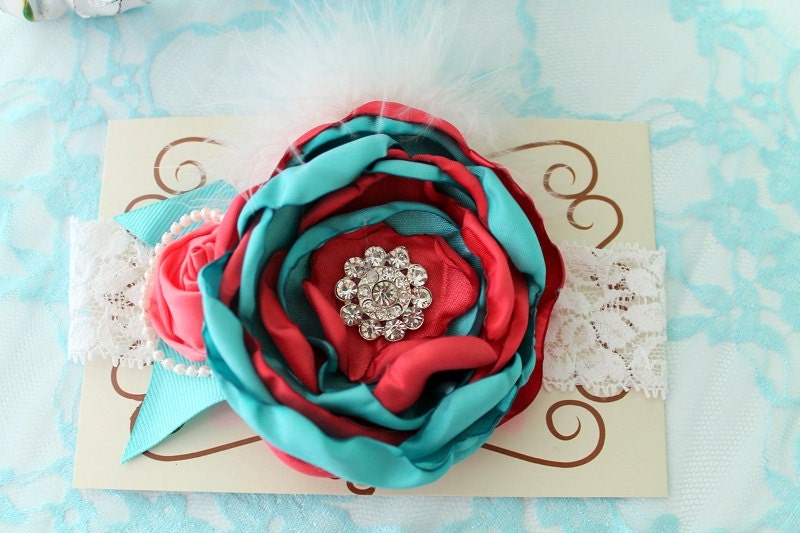 baby headband...newborn headband..baby girl headband...aqua and coral headband..newborn headband..girl headband..photography prop