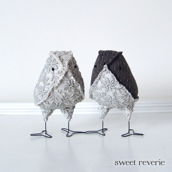 Bird Wedding Cake Toppers, Vintage Fabric Love Birds, Silver Mint Lace and Charcoal, Winter Wedding - Ready to Ship