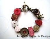 Bracelet Mixed Media Upcycled Watch Parts Clay Tiles Pink Red Robot Love