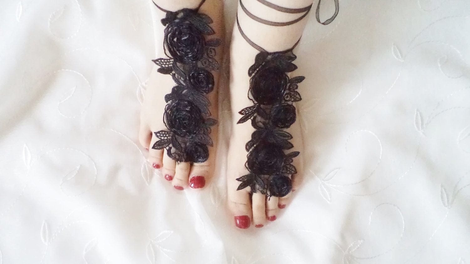 beach shoes, bridal sandals, rose lariat sandals, wedding bridal, barefoot sandles, black accessories, wedding shoes, summer wear.