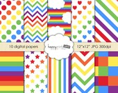 INSTANT DELIVERY - Digital Paper Pack: Rainbow With Hearts, Clouds, Chevron - Invitation Background, Wallpaper Pattern, Scrapbook Paper