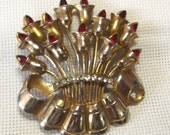 Vintage Jewelry, Brooch, Flower Bouquet, Red Rhinestone, Craft Supply