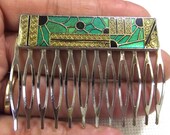 Repurposed Hair Comb, Art Deco Enamel, Recycled Brooch, Green Gold Flowers