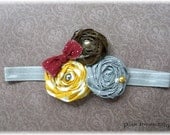 M2M Persnickety Fall 2012- 3 Cluster Rolled Fabric Flower Headband-Mustard Yellow-White Polka Dot Grey and Brown With Burgundy Bow 6-9mo