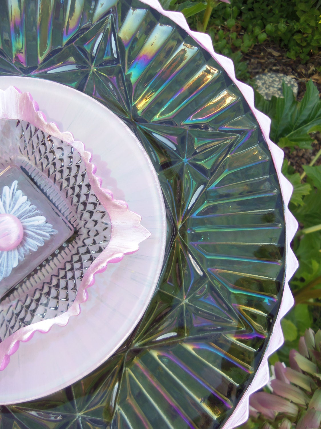 Smokey Iridescent Carnival Glass Plate Flower Garden Art Hand Painted in Pearlized Pink & Magenta  - Garden Decor, Garden Sculpture