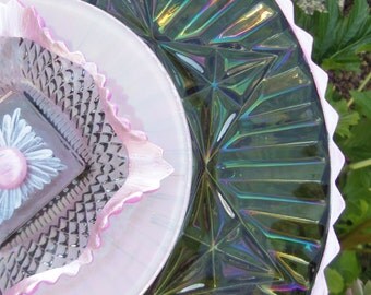 Smokey Iridescent Carnival Glass Plate Flower Garden Art Hand Painted in Pearlized Pink & Magenta  - Garden Decor, Garden Sculpture