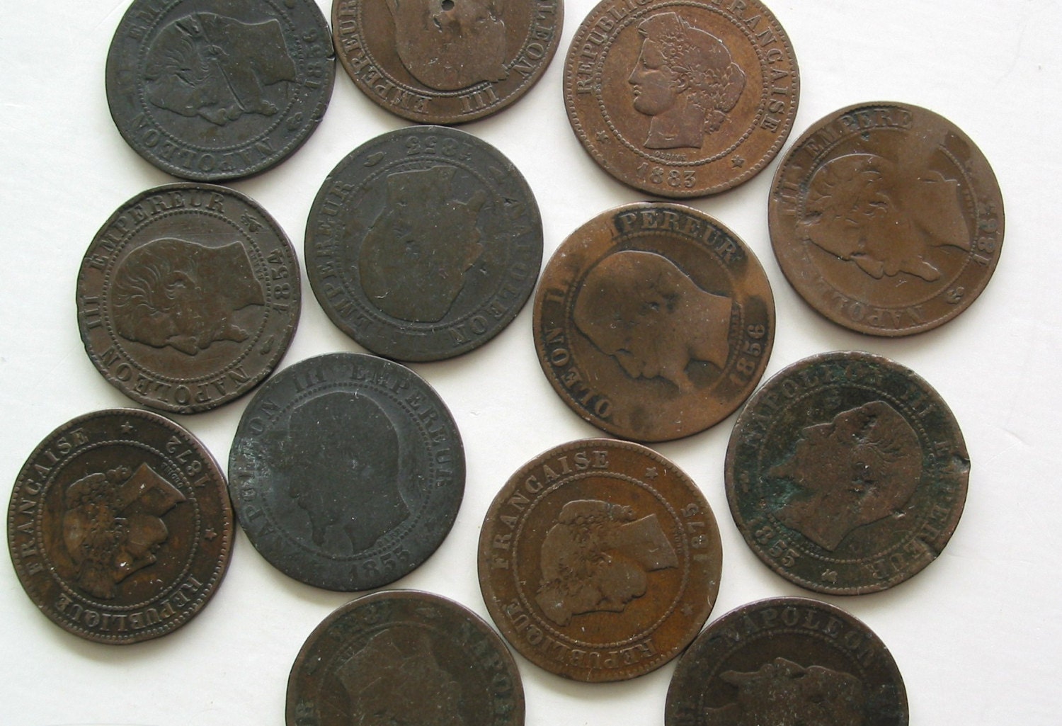 Lot of 13, 1850s-1880s, France 5 Centimes, copper coins. Napoleon III, lady liberty, francophile, vestiesteam, grad gift