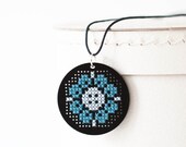 DIY Cross Stitch Jewelry Kit - Black Acrylic Pendant with Blue Flower Pattern