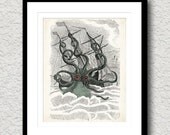 Octopus Attacking Ship Kraken Antique Sea Life Vintage Hand Colored Illustration Art Print Plate Natural History 8x10 inch Poster Sign VP129