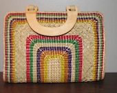 80's RAINBOW Straw Purse // Vintage HANDMADE CLUTCH 70's Woven Wood Tote Bag