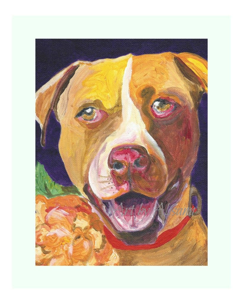 Pitbull -  American Bull Terrier - Dog Portrait - 8x10 Art Print from original art- Acrylic  - Multi-colored with Purple Background  -TAGT