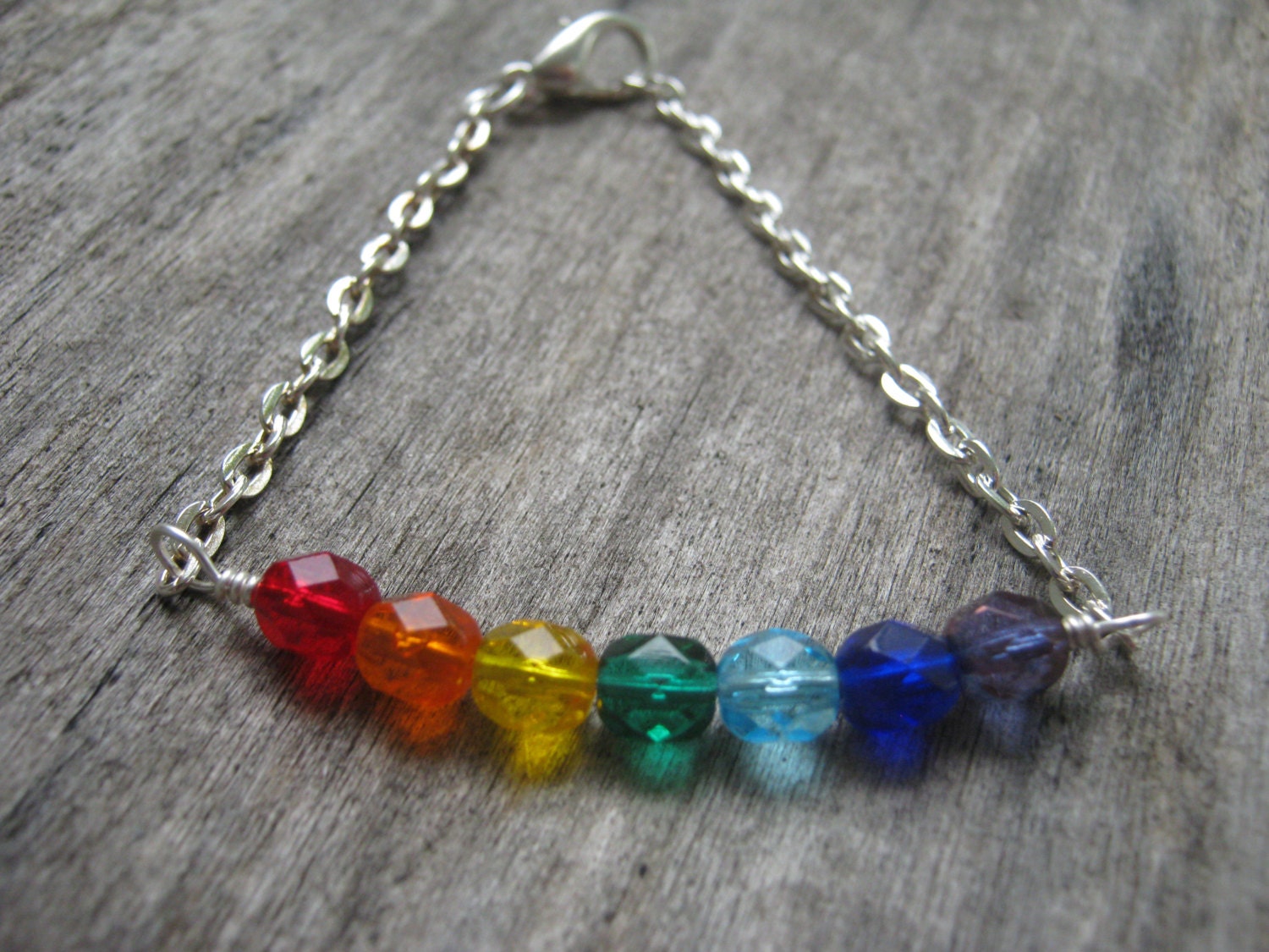 Chakra Rainbow Bracelet, Czech Crystal Hand Linked with Lobster Claw Clasp 8 Inches