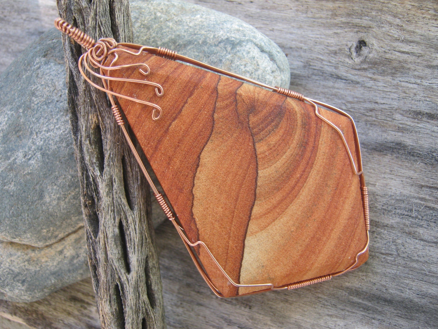 Giant Sedona Sandstone Copper Pendant, Hand Faceted Wire Wrapped Red Rock