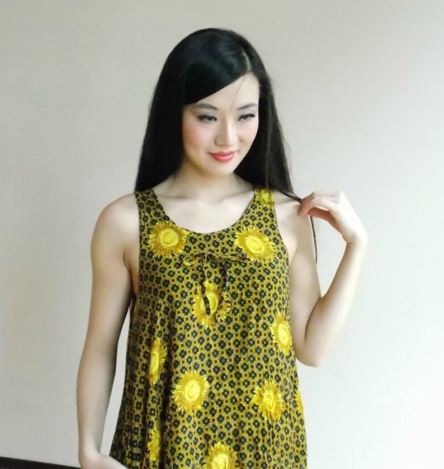 knee length dress, tank top dress,  yellow print dress, print dress