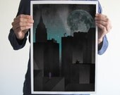 Digital print comics superman batman spiderman art poster moon city black gray poster